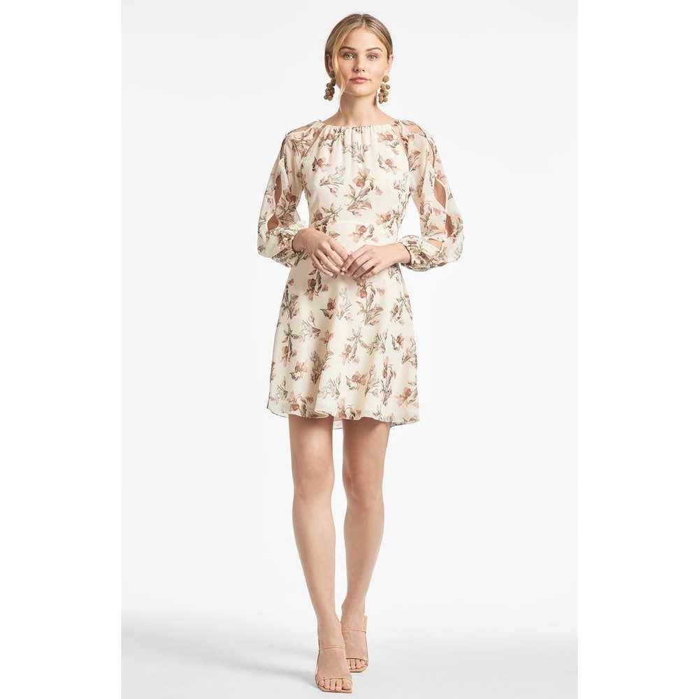 Sachin & Babi Floral Chiffon Mini Dress Long Sleeve Shoulder Cut Out Cream Multi